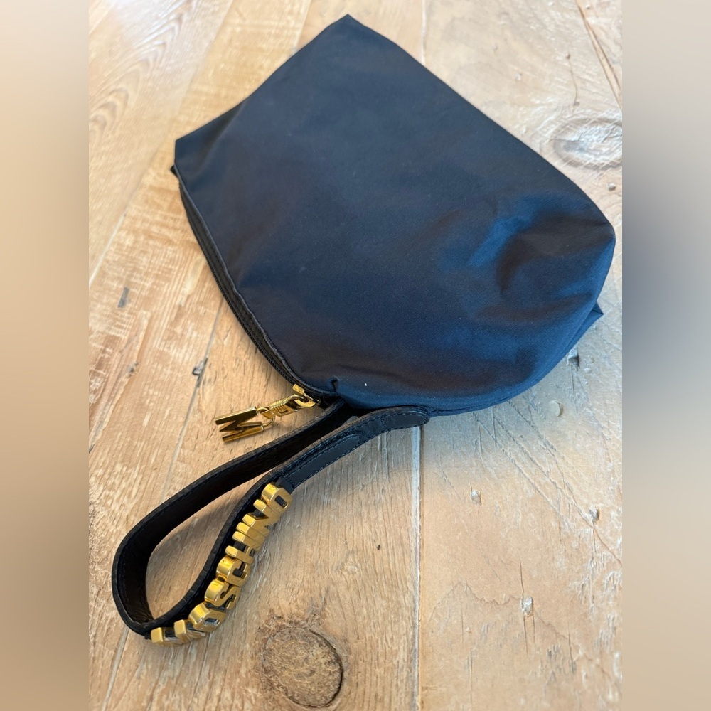 Vintage Moschino Spell Out Black Nylon Wristlet Pouch with Gold Accents EUC!